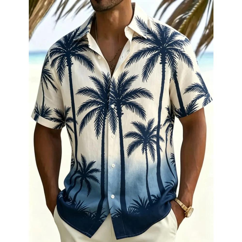 Men's Tropical Gradient Plant Printed Short Sleeved Shirt, Suitable For Summer Travel, Beach Leisure, And Daily Casual Wear