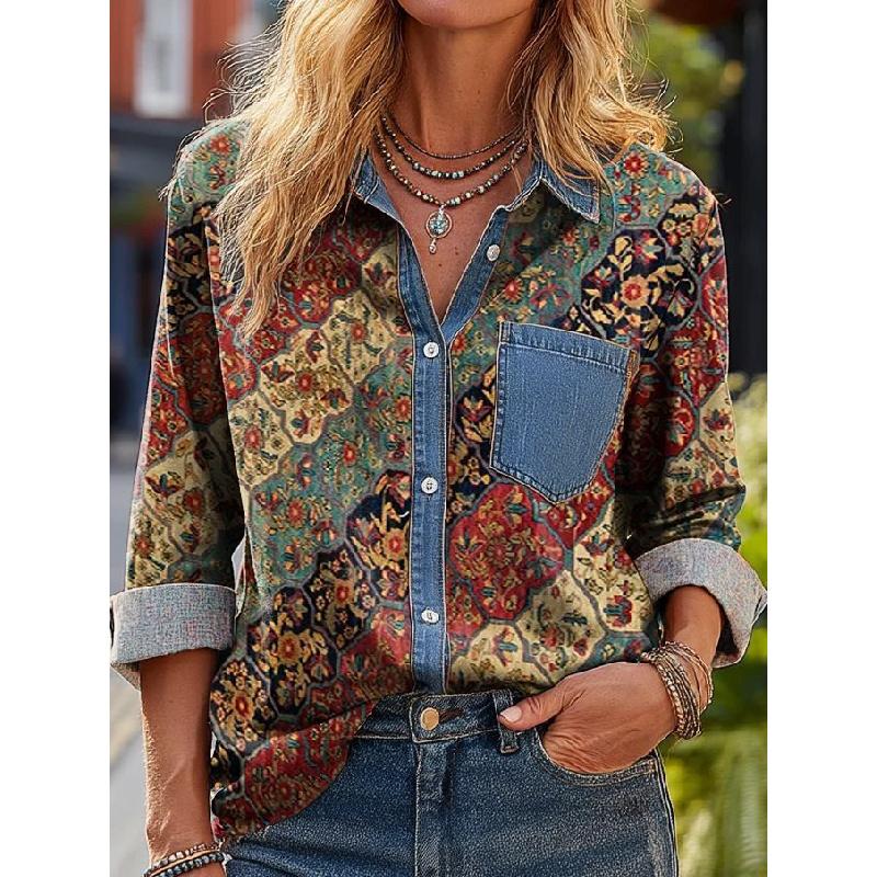 2026 Fashionable Versatile Printed Patchwork Women's Casual Long Sleeve Shirt 2026 Spring New Style