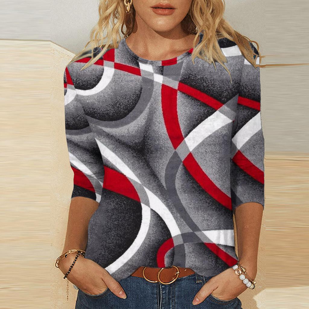 Umělecký geometrický vzor potištěný top Módní kontrastní barva Personalizovaný kulatý výstřih Dámská trička s dlouhým rukávem