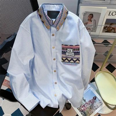 Vyšívaná pruhovaná dámska košeľa, náprsné vrecko, golier, všestranná, dlhý rukáv, blúzka, skorá jeseň, voľná, módna, dámsky ležérny top