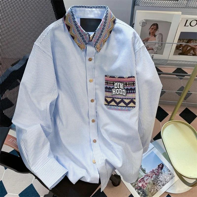

Вышитая полосатая женская рубашка, накладной карман, лацкан, универсальная блузка с длинным рукавом, ранняя осень, свободная модная женская повседневная блузка XL синий