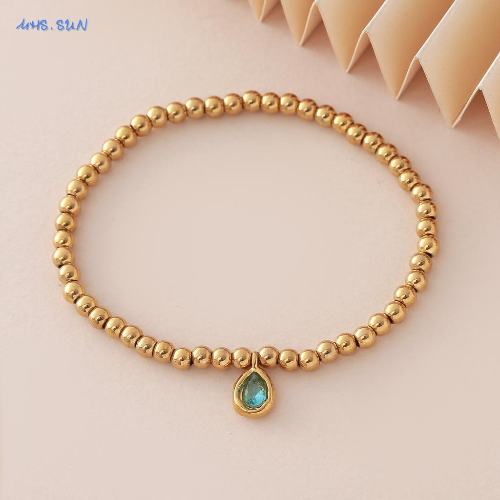 MHS.SUN Stainless Steel Gold Plated 12 Months Birthstone Beaded Bracelets For Women Men Zircon Water Droplet Charm Trend Jewelry