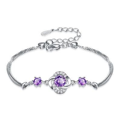 Top Grade 925 Sterling Silver Bracelet for Lady Birthday Gift Sparkling Crystal Purple Flower Clover Bracelet Women Jewelry