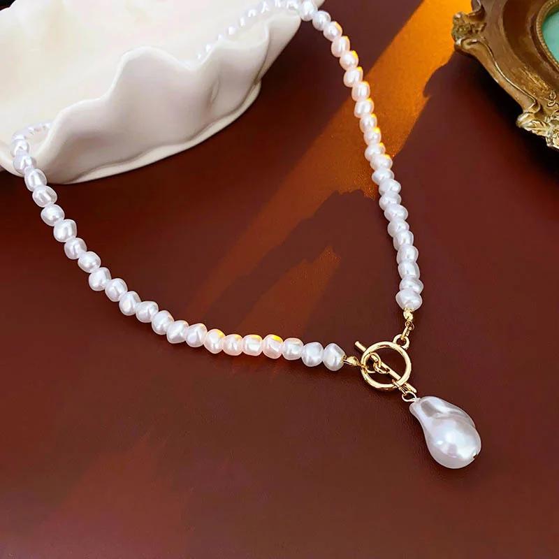 New Baroque Imitation Pearl Ot Buckle Pendant Necklace Women Wedding Bridal Bead Chain Neck Accessories Jewelry Gift