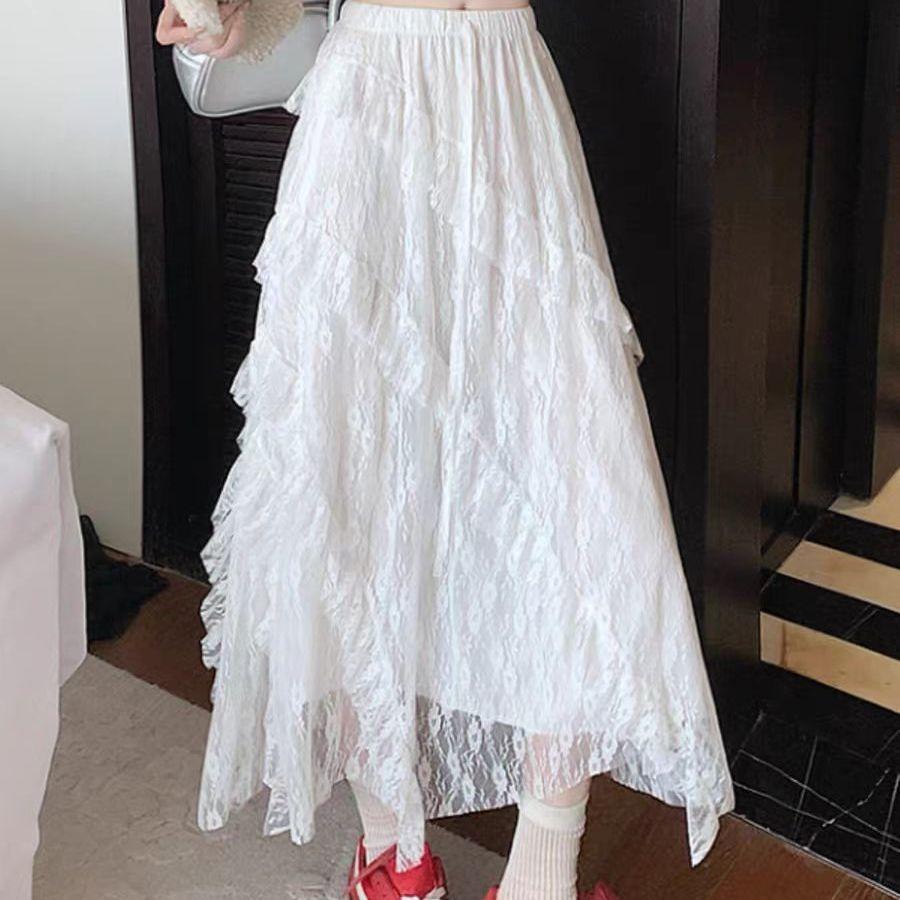 Koreansk Stil Asymmetrisk Spets Midi-kjol för Kvinnor - Sommar Tunn Design A-linje Utsvängd Lager-på-lager Tårta-kjol