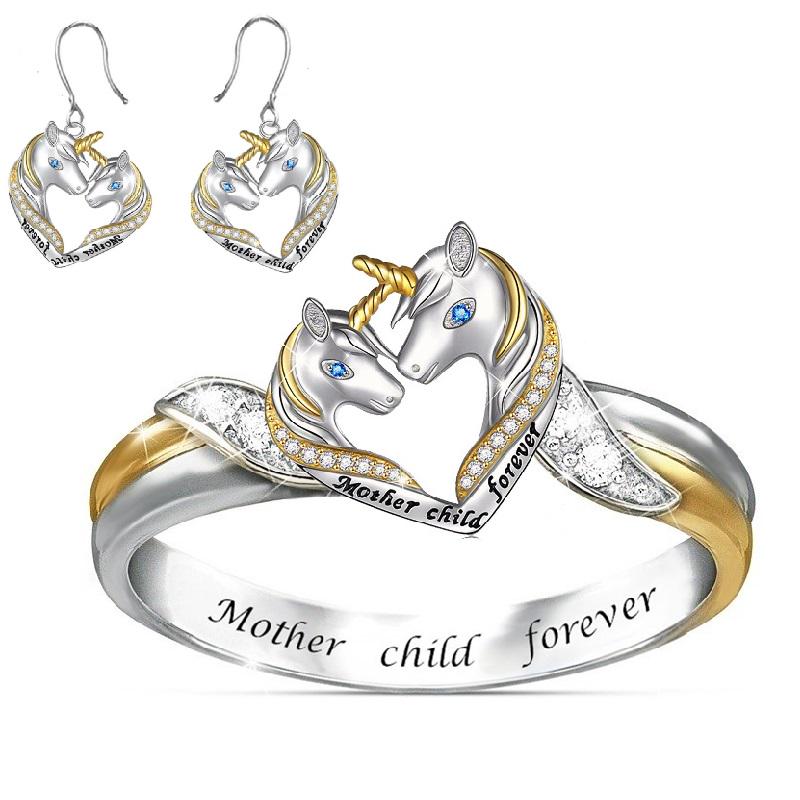 

2шт Мать дитя навсегда Прекрасный единорог серьги Кольцо для женщин Счастливая семья Ювелирные изделия Набор подарков
