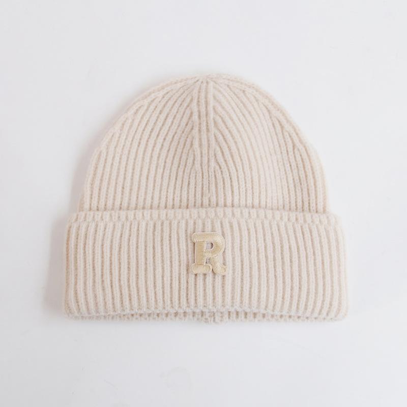 Wool hat women's autumn and winter new letter R standard knitted hat flanged ear protection warm Internet celebrity cold hat tide