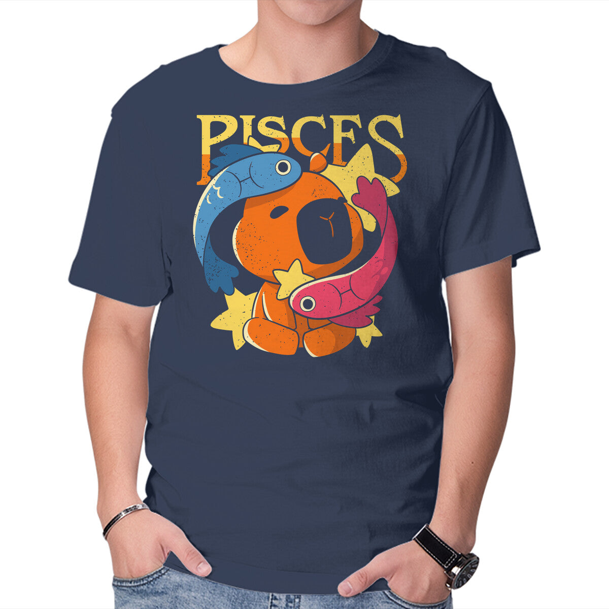 Unisex Crew Neck T-Shirt Capybara Pisces Graphic Short Sleeve Casual Tee S