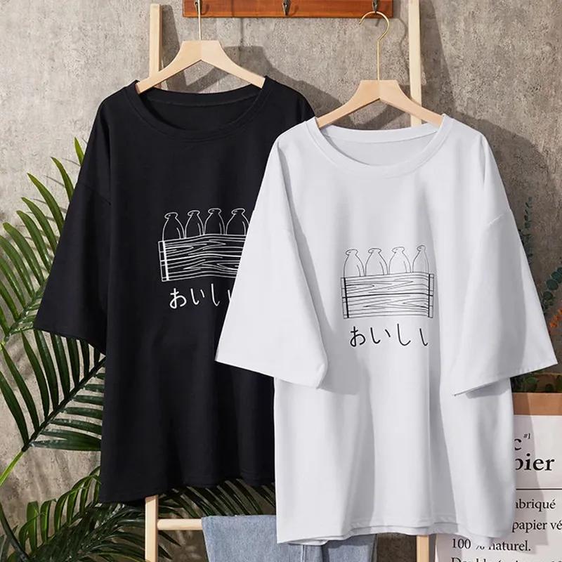 T-shirt Women Cotton Summer Casual Large Size Loose Round Neck Pullover Short-sleeved Tops