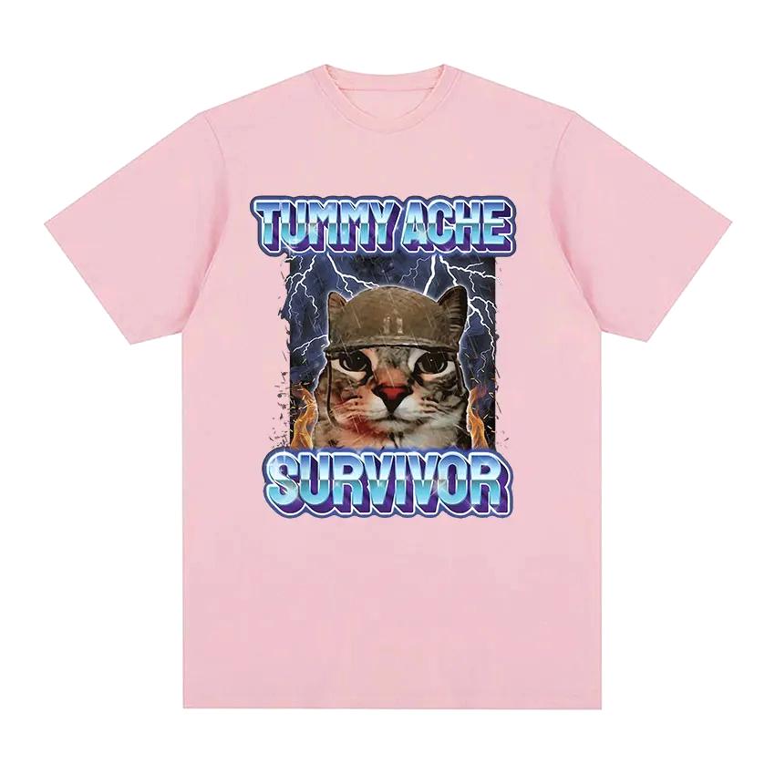 Vintage Tummy Ache Survivor Funny Cat Meme Print Tee Shirt Women Clothing Fashion Short Sleeve Casual T Shirt Top Clothing