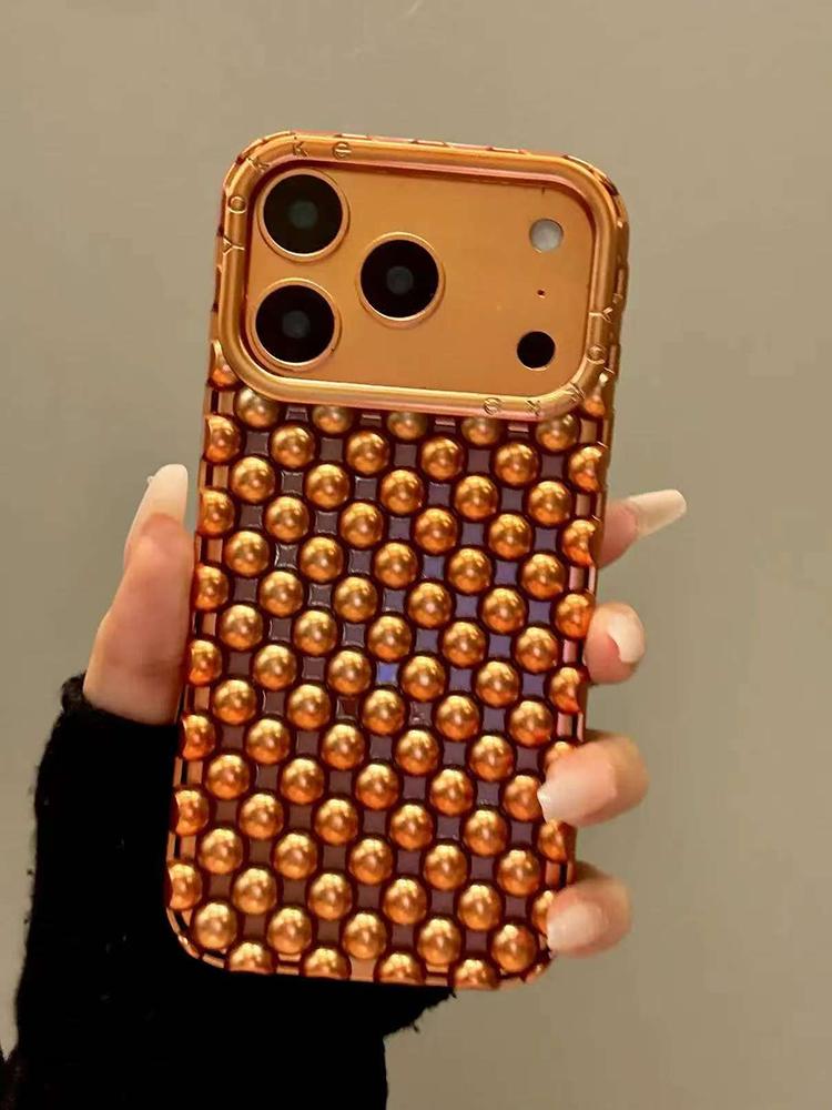 

Fashion Plating Cosmic Orange Pearl Round Bead Hollow Out Phone Cover Case For iPhone 17 Pro Max 16 15 14 13 Air iPhone 13 Pro