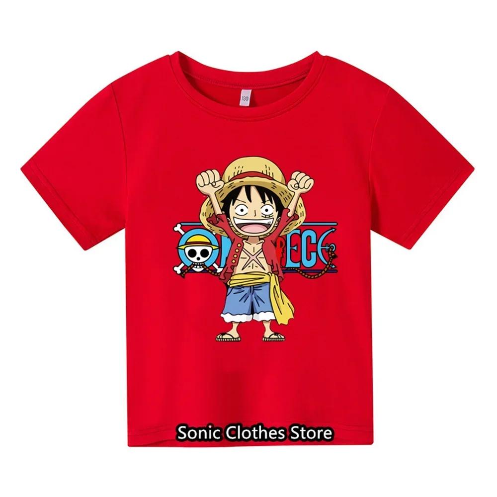 

Детская футболка One Piece, детская одежда, детская футболка из чистого хлопка, крутая мультяшная аниме, летние повседневные топы, футболка Луффи для мальчиков и девочек, уличная одежда 140