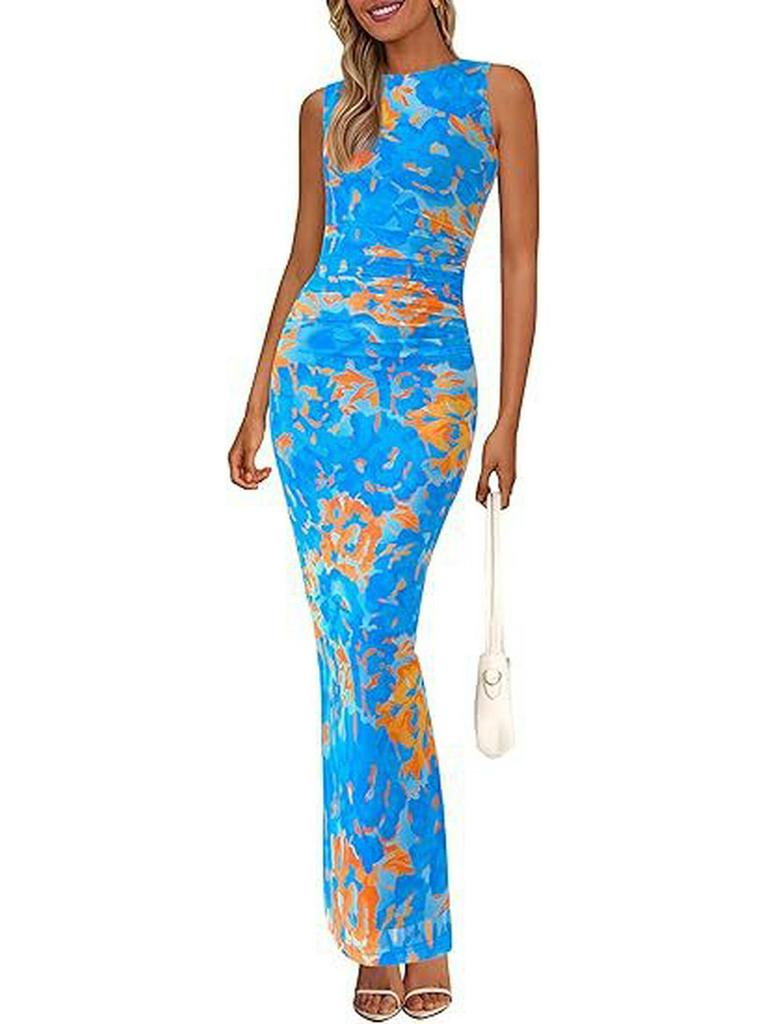 2024 Women's Floral Ruched Mesh Bodycon Dress - Sleeveless, Round Neck