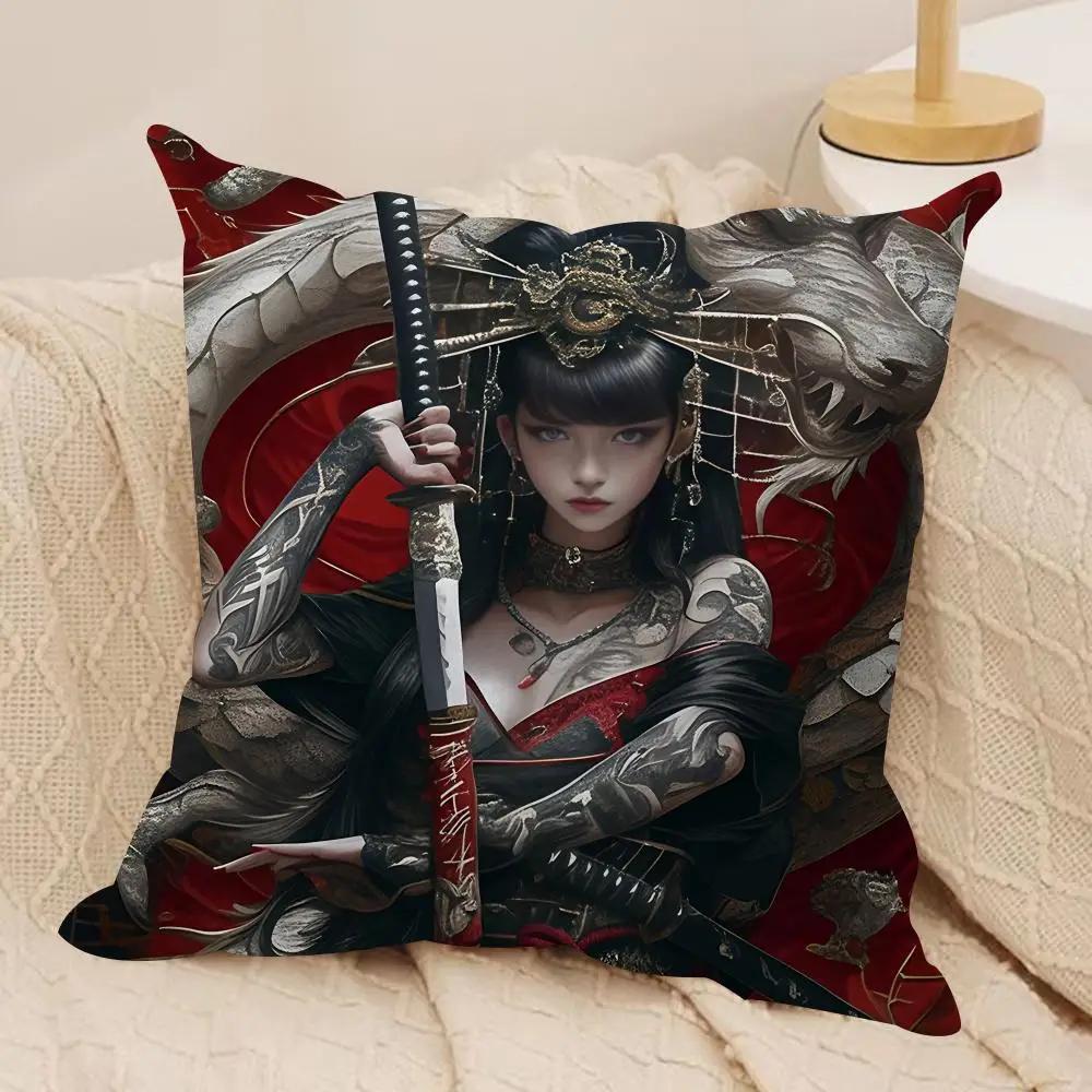 Girl Tattoos Japan Cushion Cover Silky Short Plush Invisible Zipper Dustproof Sofa Pillow Case For Home Decor