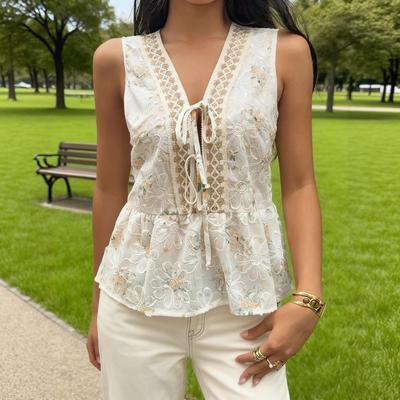 European and American Cross-border Women's V-neck Tie Design Casual Loose Lace Shirt Ins Style