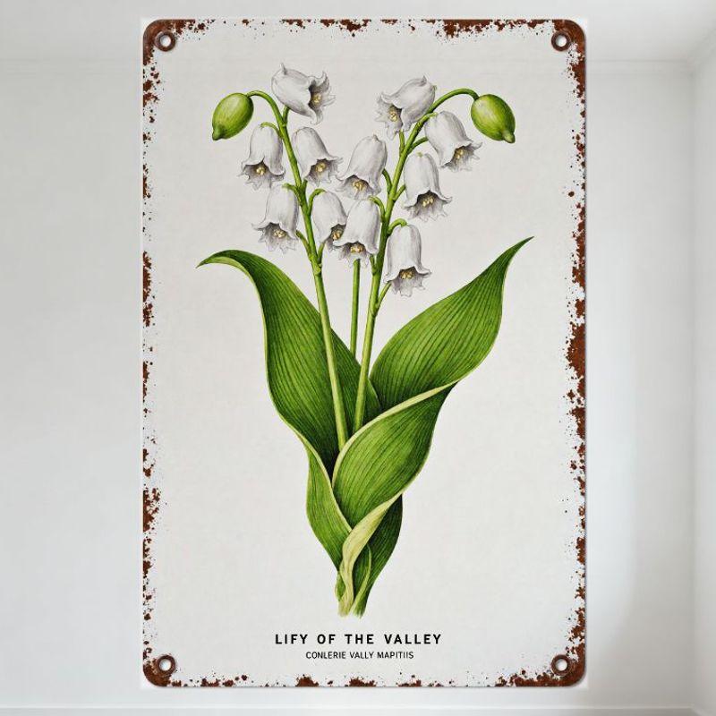 Vintage Lily of the Valley Metal Tin Sign, Convallaria Majalis Botanical Print Distressed Rusty Border Wall Decor for Home Bar C