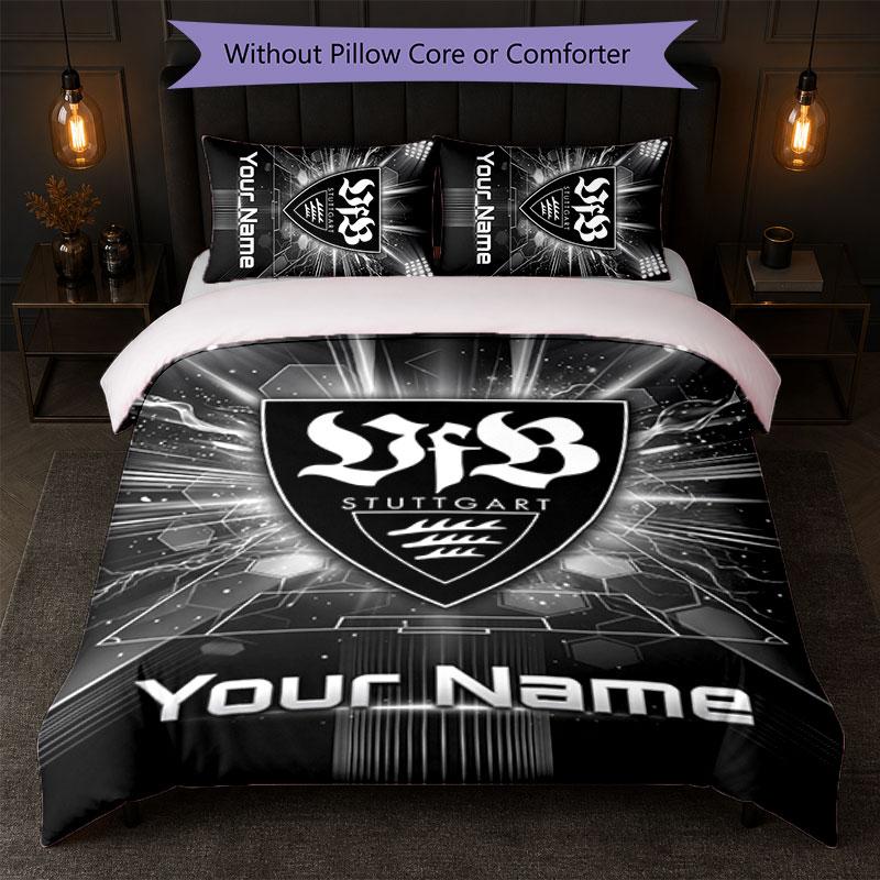 Set Biancheria da Letto Personalizzato VfB Stuttgart FC con Nome Testo 1 Copripiumino+2 Federe Logo Calcio Regalo Personalizzato per Occasioni Speciali Decorazione Camera da Letto