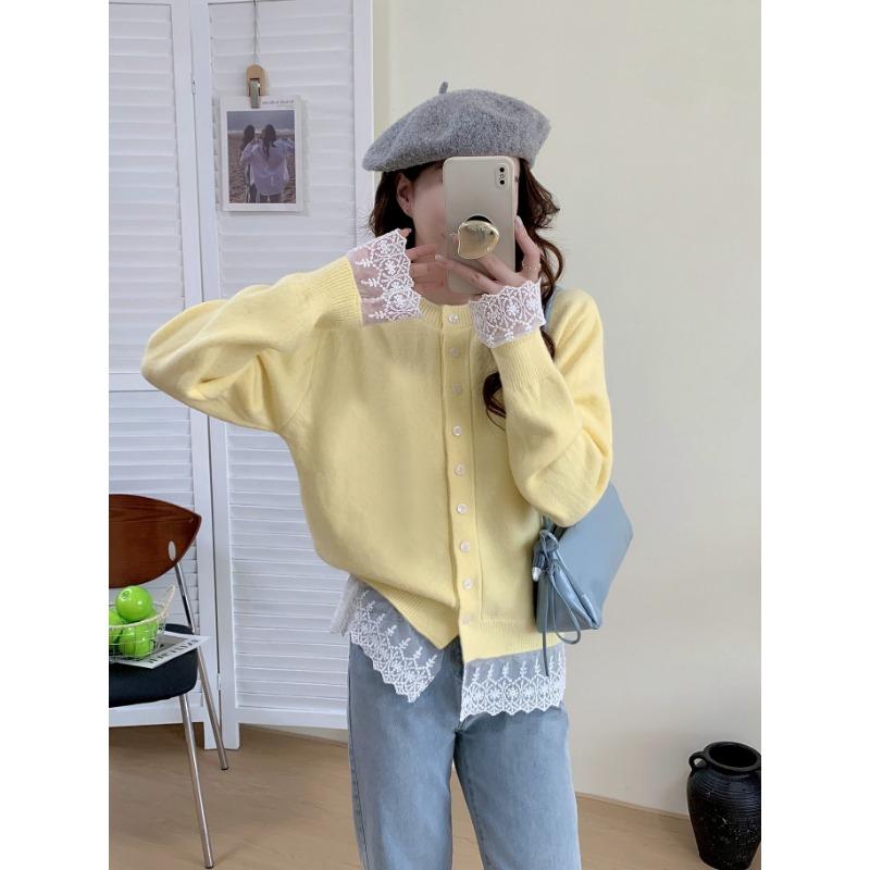 Sweater jacket women's autumn and winter new season fashion versatile design sense lace splicing knitted cardigan top women