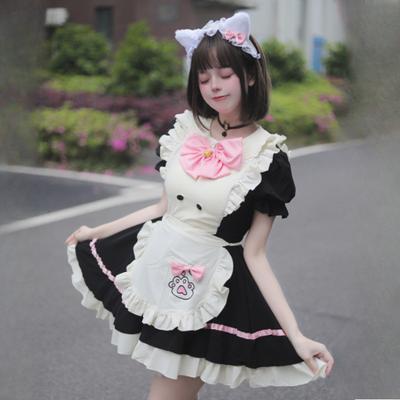 Niedliches Dienstmädchen Kurzarmkleid Cosplay Lolita Halloween Damen Kostüm + Stirnband 2-teiliges Set