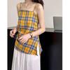2024 Summer Orange Retro Color Block Plaid Irregular Camisole Sleeveless Top