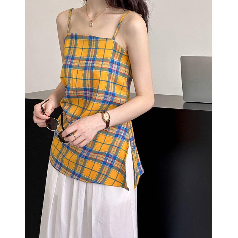 2024 Summer Orange Retro Color Block Plaid Irregular Camisole Sleeveless Top
