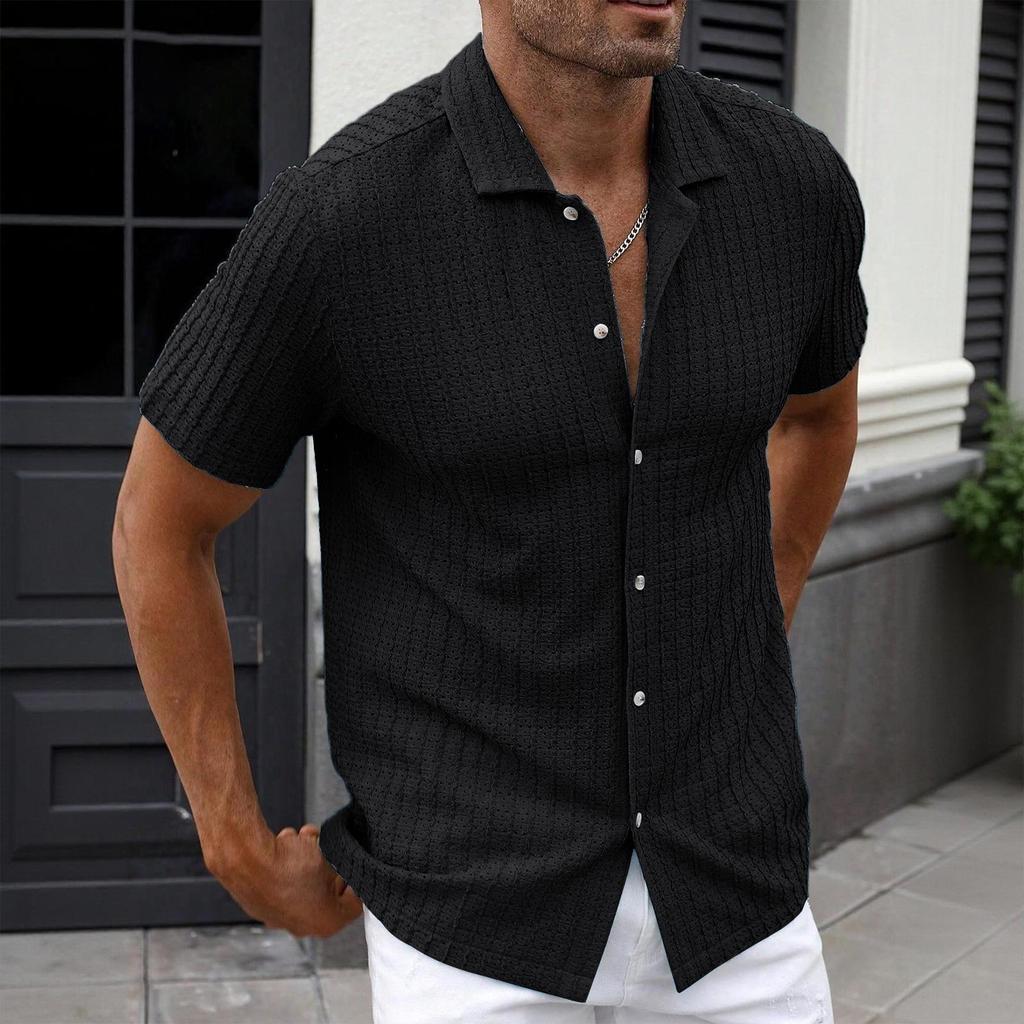 Men's Casual Short Sleeve Shirt Button Down Lightweight Knit Fabric Open Collar Summer Top Comfortable Fit
