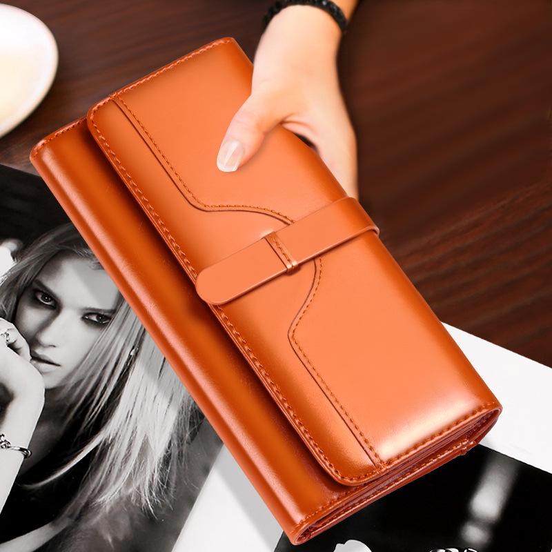 Pure Leather Three Fold Women's Wallet, Long Buckle Leather Bag, Genuine Leather Multi Card Large Capacity Wallet, Women's Wallet, Leather Wallet