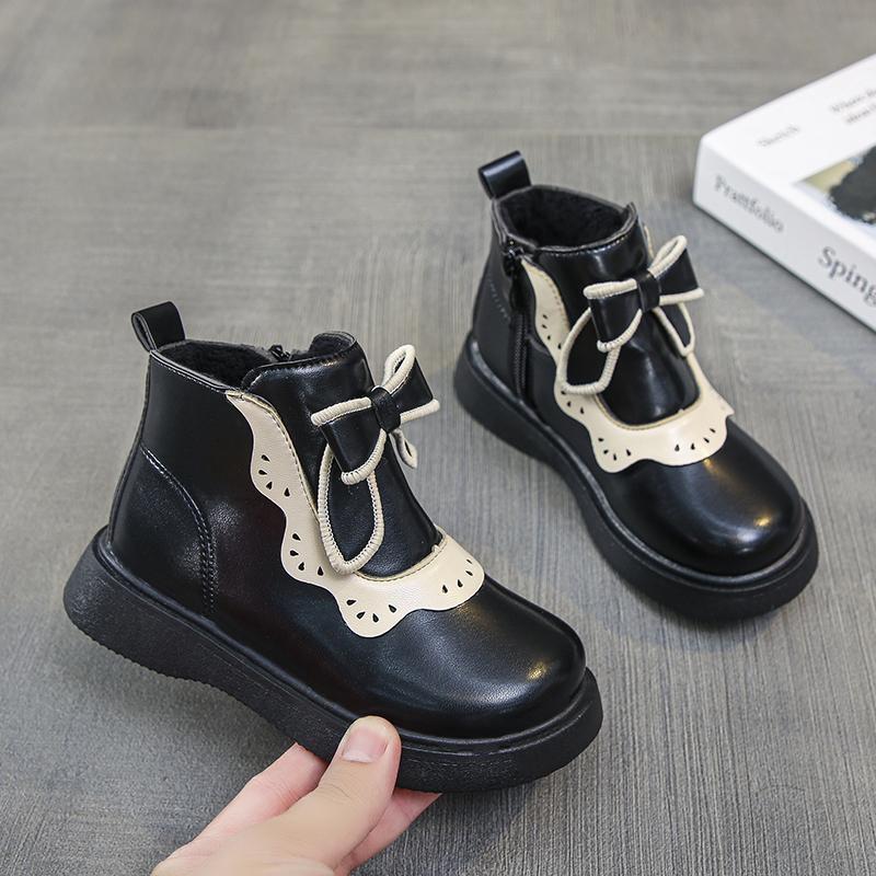 Kids Short Leather Boots Lolita Style Girls Princess Boots Thick Warm Plush Fur Fashion Children Ankle Boots Winter 2024 New