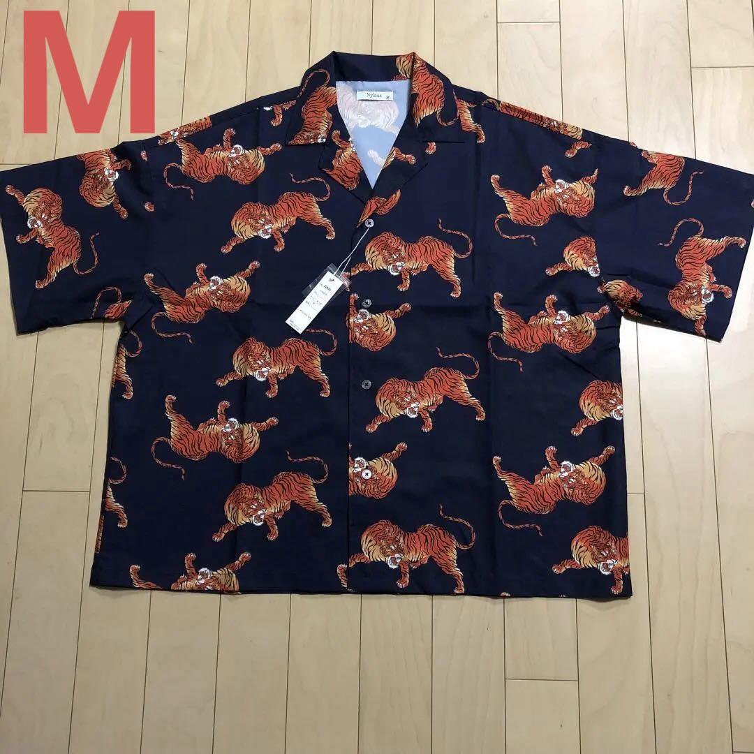 

[USED] Men s Navy Open Collar Tiger Aloha Shirt, Japanese Pattern, Size M, Shipping Included