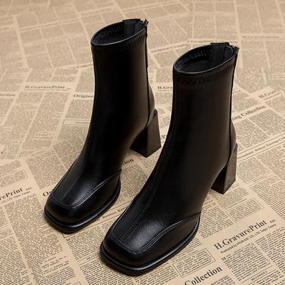 Fashion French Retro High Heel Black Ankle Boots Women 2025 Winter Brand Design Square Toe Woman's Chelsea Boots Back Zip Solid Booties