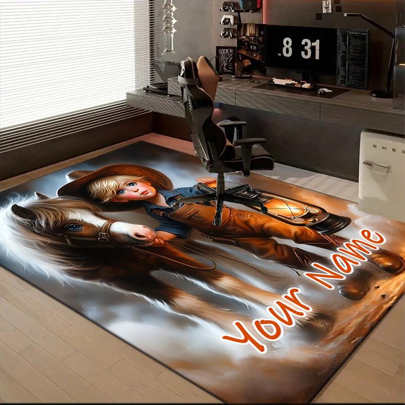 1PC Custom Name Boy And Horse Adventure Theme Floor Mat Ideal for Living Room, Game Rooms, Office, Bedroom,Floor Mat Playful Design111