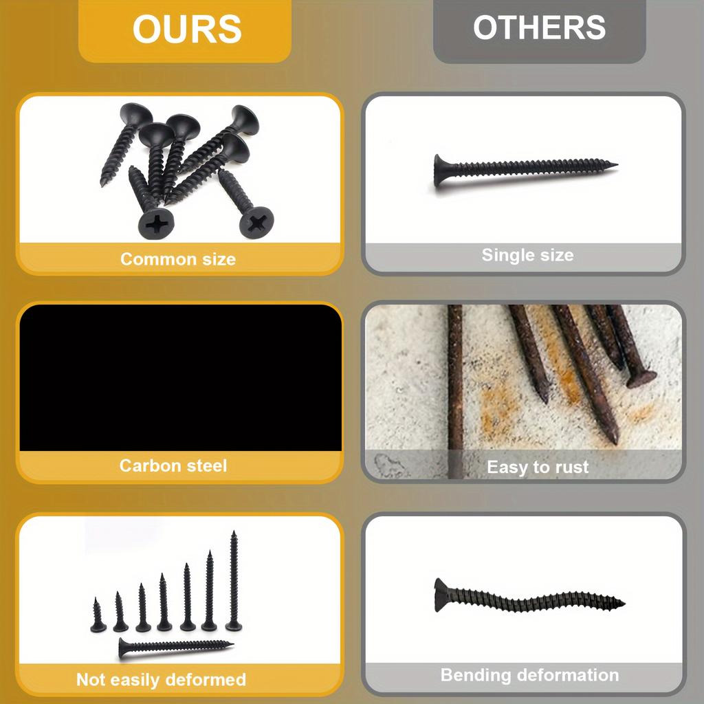 205 ks #7 Prémiové sádrokartonářské šrouby - Kvalitní uhlíková ocel, Samovrtné s křížovou drážkou, Sortimentní sada 8 velikostí