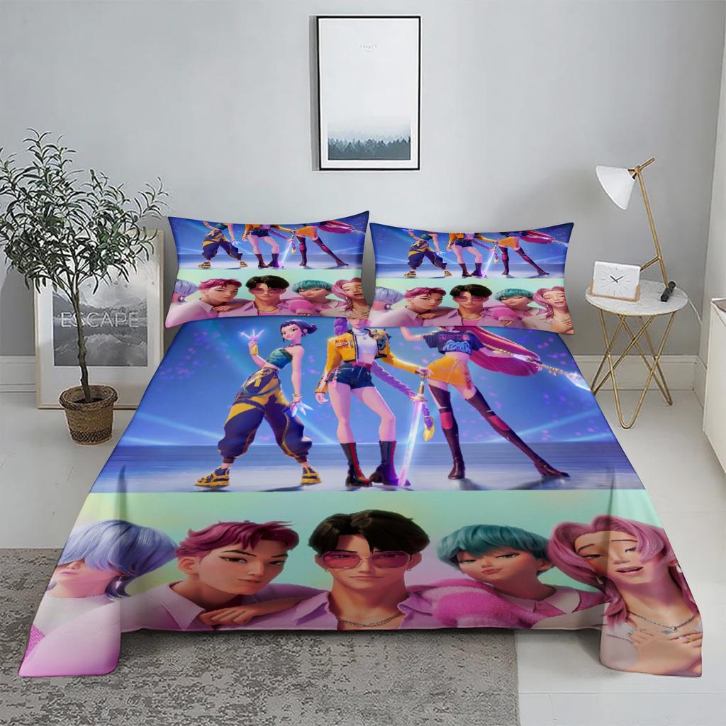 RUMI D-Demon Hunters K-pop Bed Sheet Set 3D Printed Bed Flat Sheet With Pillowcase Bed Linen King Queen Size