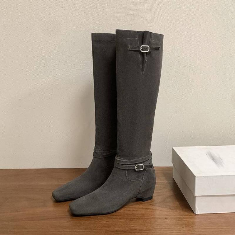 Autumn and winter leather fashion boots solid color versatile square head medium heel large size women's boots new cow fleece slope heel high boots