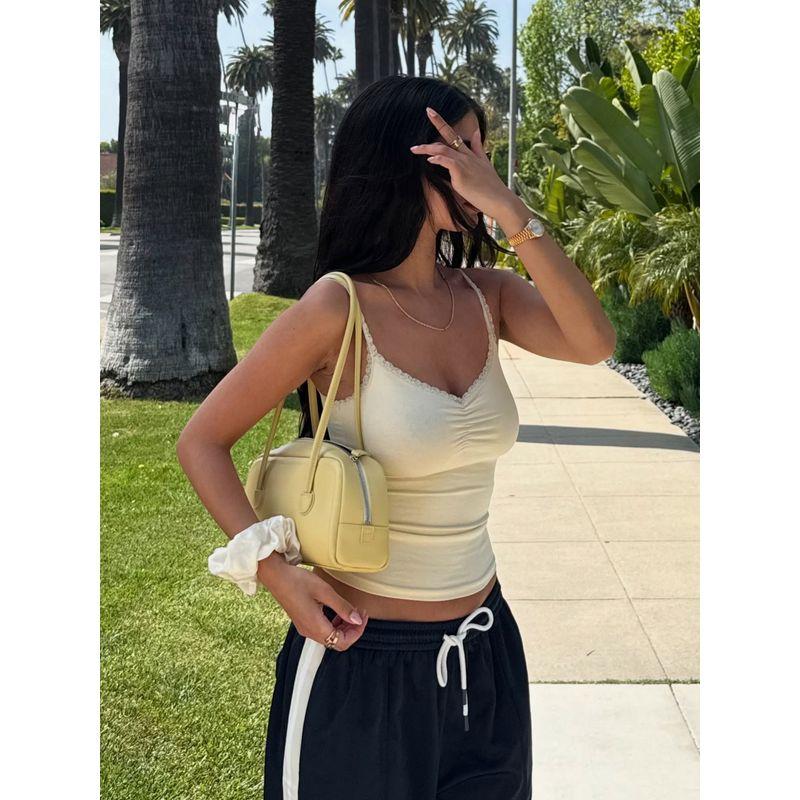 H's European and American Women's Clothing French Minority Lace Lace Light Yellow Strap Basic Silm Outwear Sexy Short Top