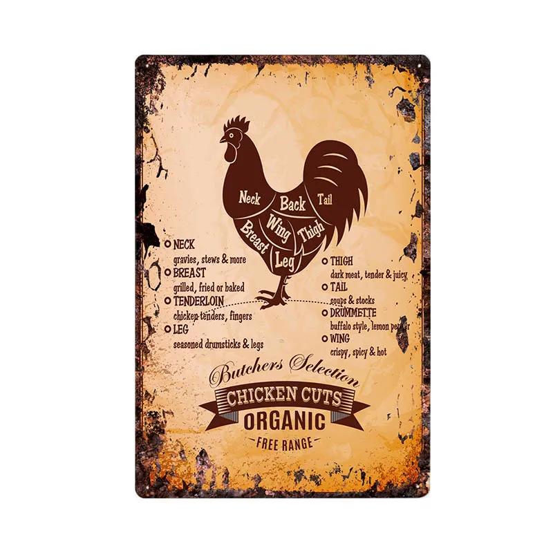 Мясной магазин, винтажный металлический знак, кухонный постер, говядина, свинья, утка, мясные нарезки, руководство по сбору нарезок, ретро настенная табличка, живопись, ремесло 20x30 см 20x30cm