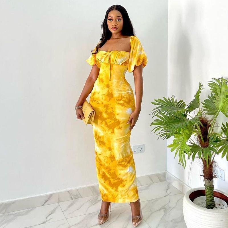 

Yellow Holiday Dress2024 Summer Yellow Printings Puff Sleeves Square Collar Long Slit Dress Yellow S