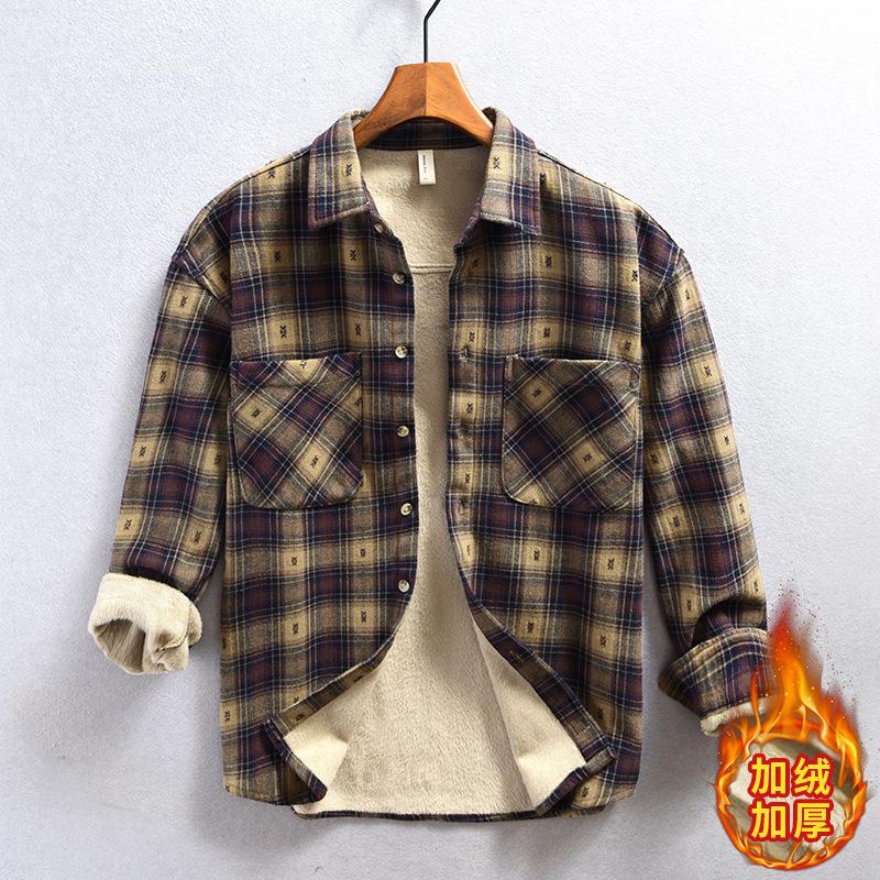 

Зимняя теплая мужская одежда, уличный стиль, рубашки в клетку с длинным рукавом для мужчин, молодежная мода, повседневная утолщенная флисовая рубашка с двойными карманами L хаки