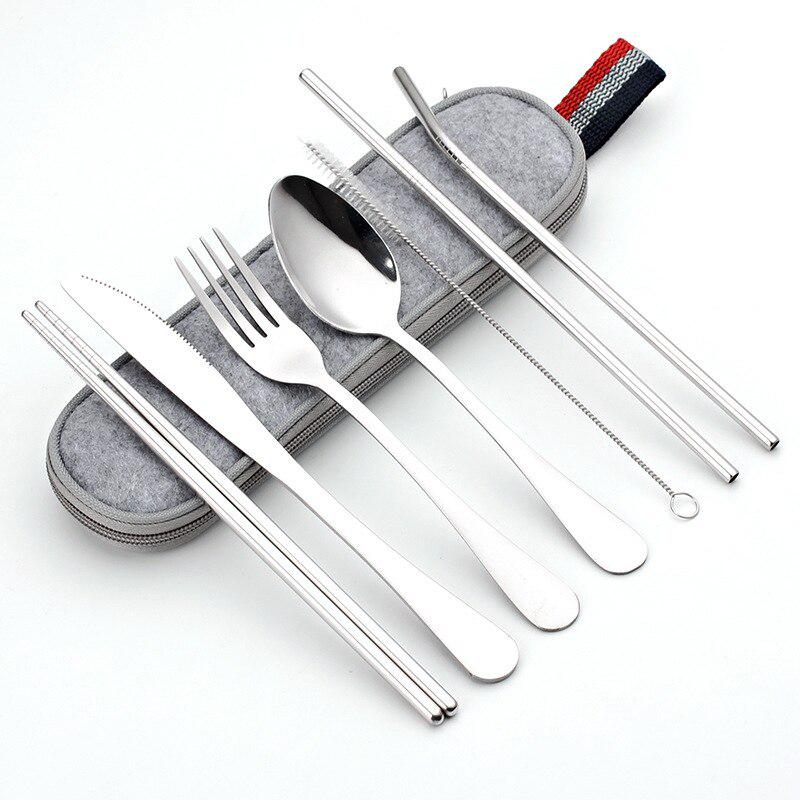 8PCS/Set Stainless Steel Cutlery Fork Spoon Straw Travel Picnic School Tableware 8PCS/Set Stainless Steel Cutlery Fork Spoon Straw Travel Picnic School Tableware