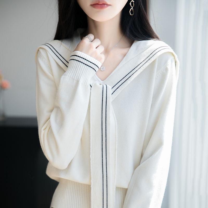 Navy Collar Knit College Style Women's Pullover Sweater - Autumn Winter, Long Sleeve, Loose Fit, Versatile.
