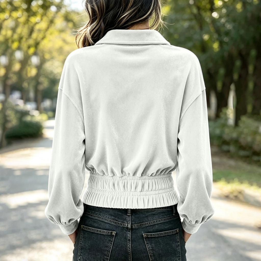 Women's Velvet Lapel V-Neck Long Sleeve Fitted Top