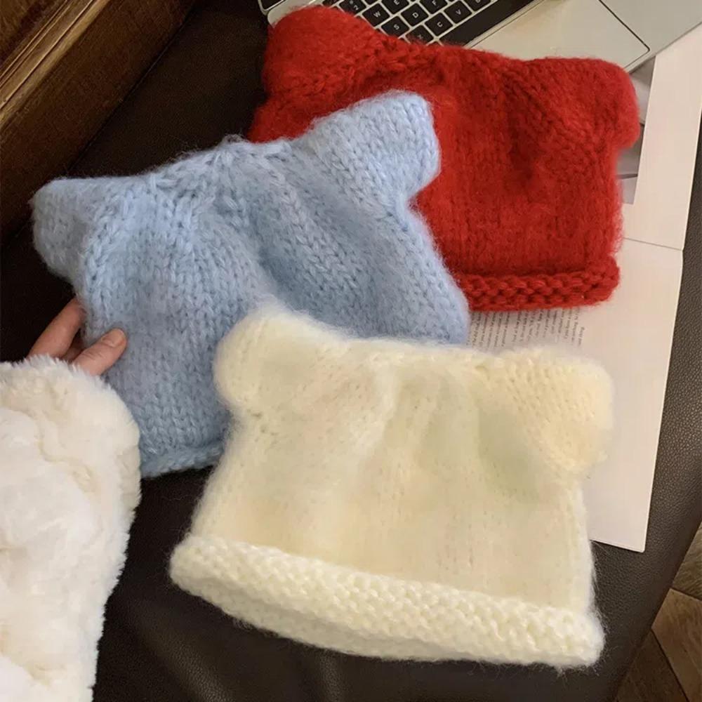 Fluffy Bear Ear Woolen Hat Soft Brimless Beanie Cap Fashion Knitted Pullover Hat  Winter