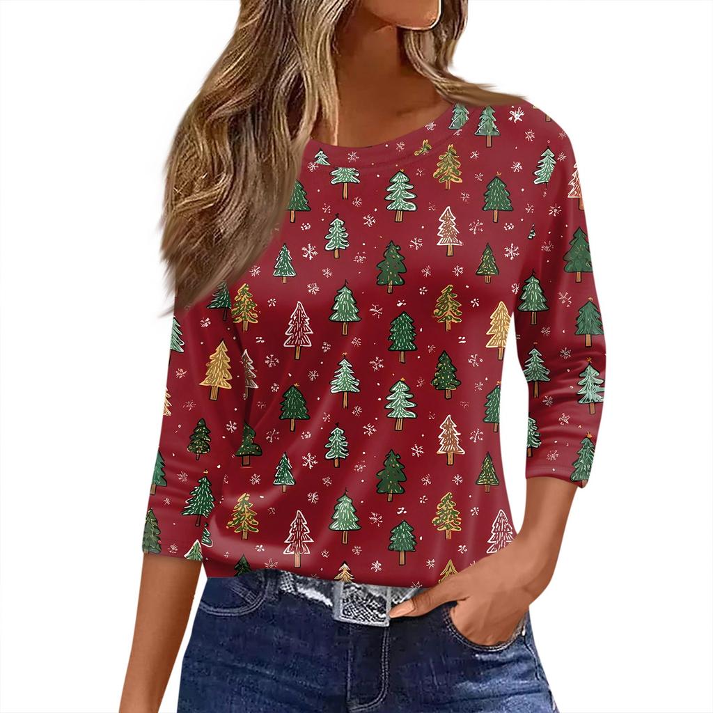 Moteriški marškinėliai su kalėdiniu raštu, 3/4 rankovėmis, kasdieniai, savaitgalio mados, baziniai, apvaliu kaklu, įprasto kirpimo viršus