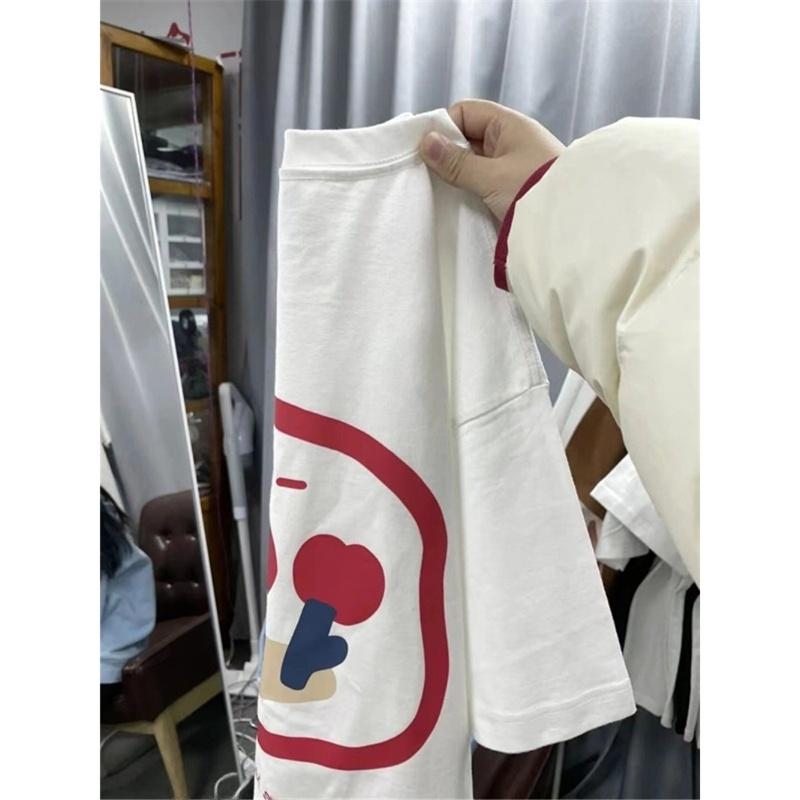 Chic White Pure Cotton Oversize Loose ort Sve Women's T-irt Casual Comfortable Summer Top Korean Sle round Ne Print
