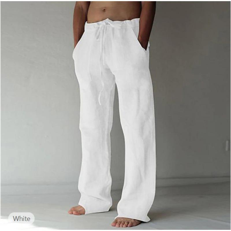 Mens Casual Drawstring Linen Wide Leg Pants With Pockets S белый