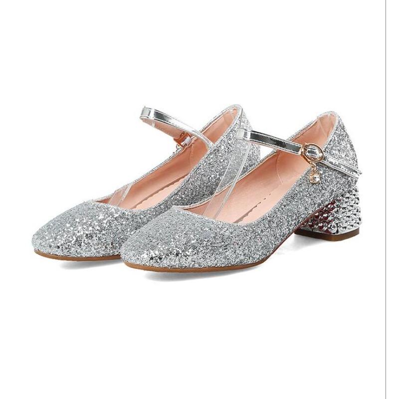 Girls Shoes Children High Heel Glitter Crystal Sandals Fashion Buckle Kids Princess Dance Shoe Student Performance Leather Shoes