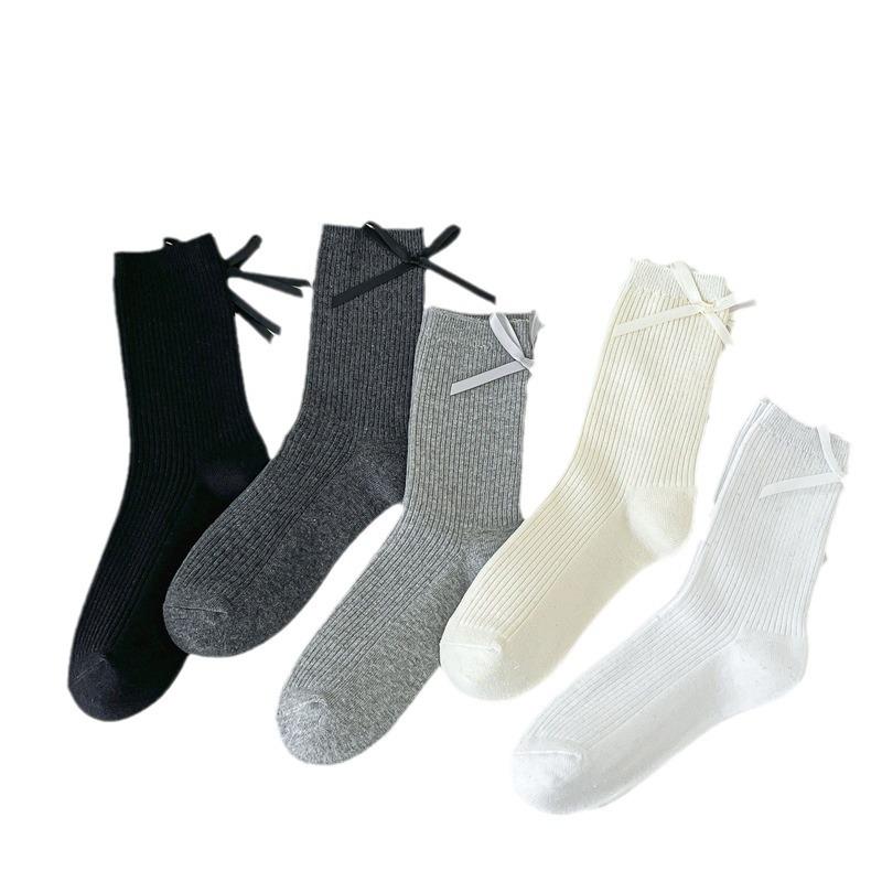 Chaussettes Blanches Lait Saisonnières, Chaussettes Mi-Mollet 100% Coton Double Tricot, Noeud Couleur Unie, Chaussettes Empilables Polyvalentes