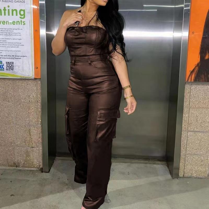 Women's Solid Color Tube Top Tight Multi-pocket Jumpsuit