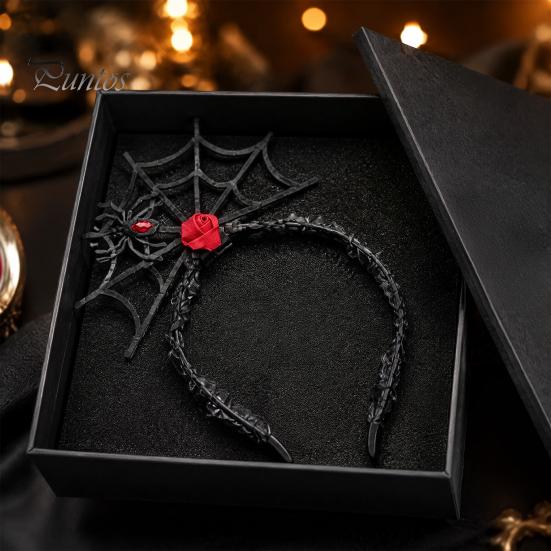 Lightweight Festival Headgear Halloween Spider Web Headband, Black Lace Choker Collar with Rose, Wizard Costume Headband Accessory for Women