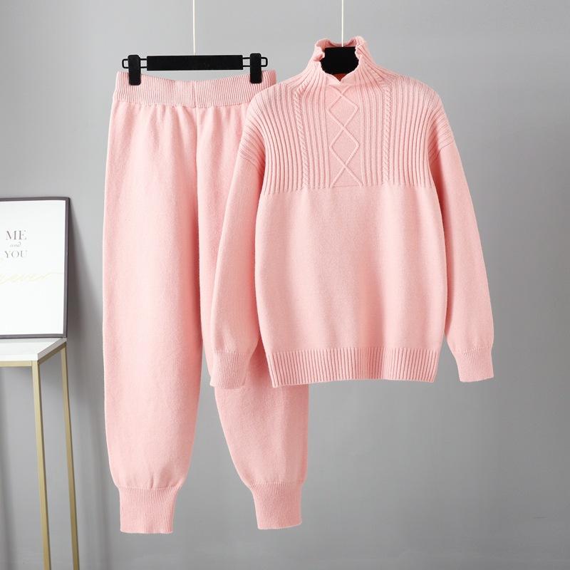 Semi-turtleneck casual loose sweater for women's autumn and winter new versatile gentle wind soft waxy knitted trousers suit for women